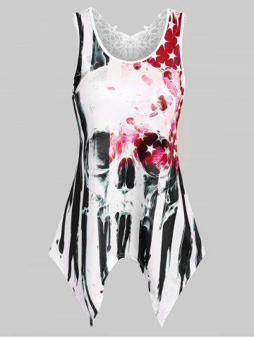 American Flag Skull Print Lace Insert Handkerchief Tank Top - BLACK - XL