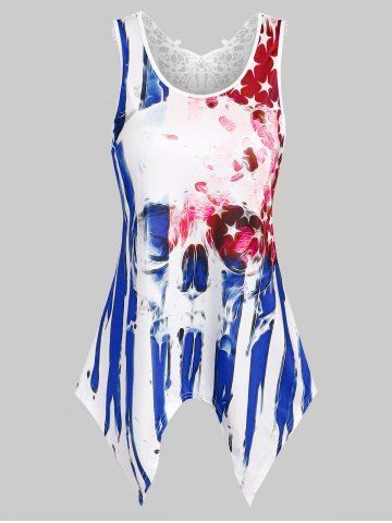 American Flag Skull Print Lace Insert Handkerchief Tank Top