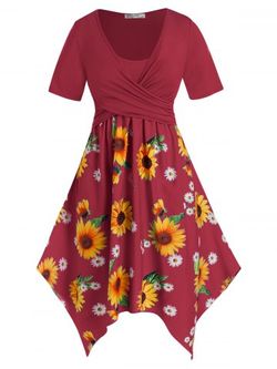Plus Size Sunflower Print Handkerchief Crossover Midi Dress - DEEP RED - L