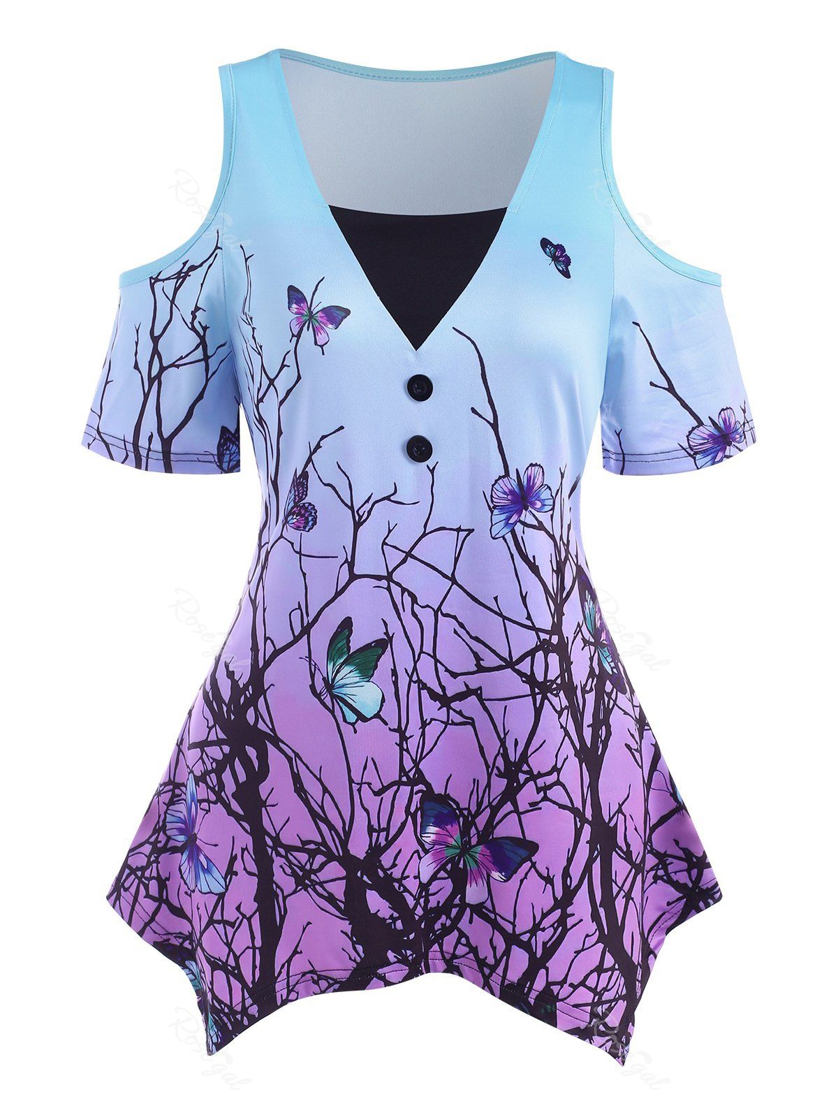 Affordable Ombre Branch Butterfly Print Open Shoulder Handkerchief T Shirt  