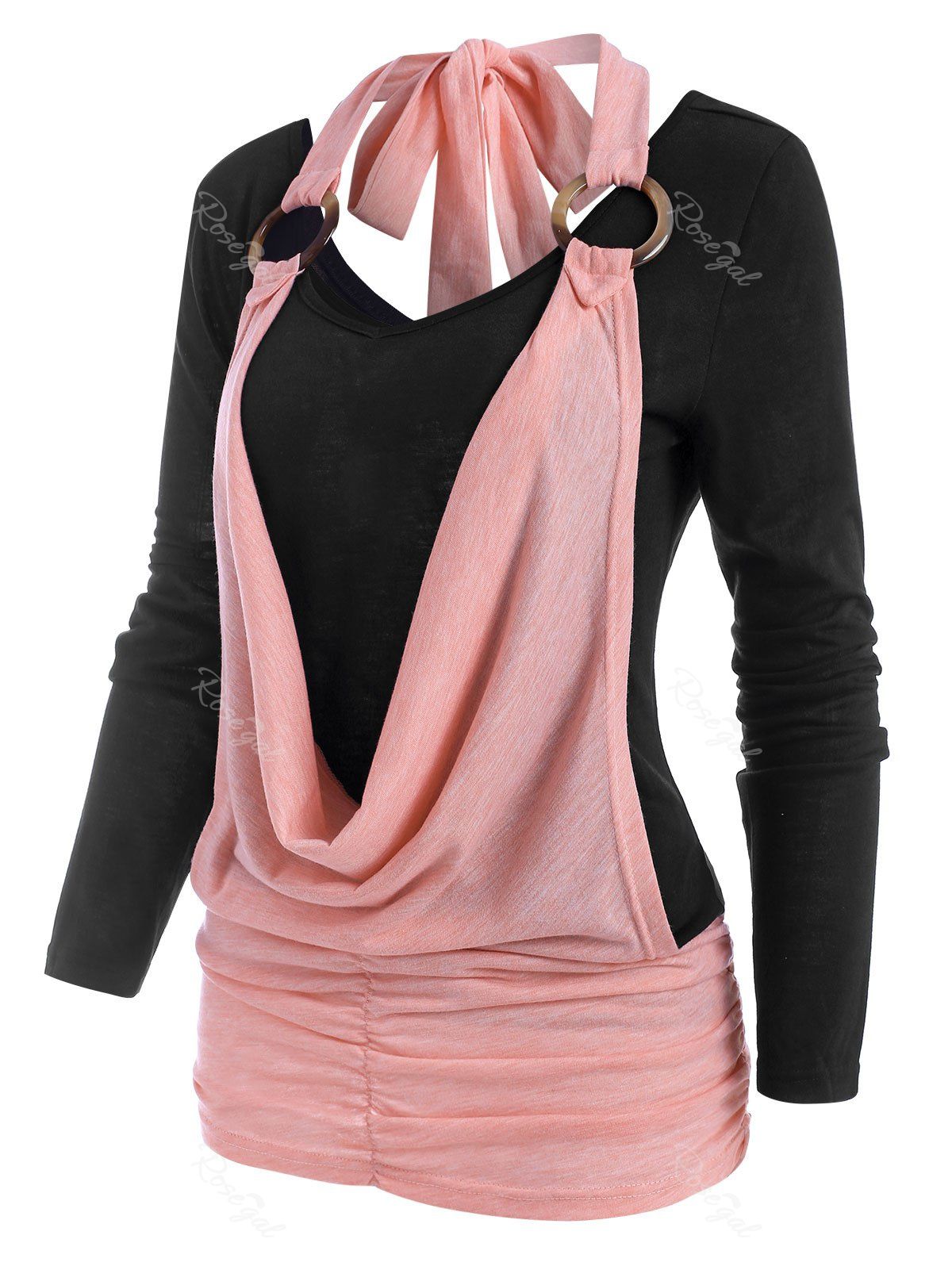 Discount Two Tone Cowl Front O Ring Ruched T Shirt  