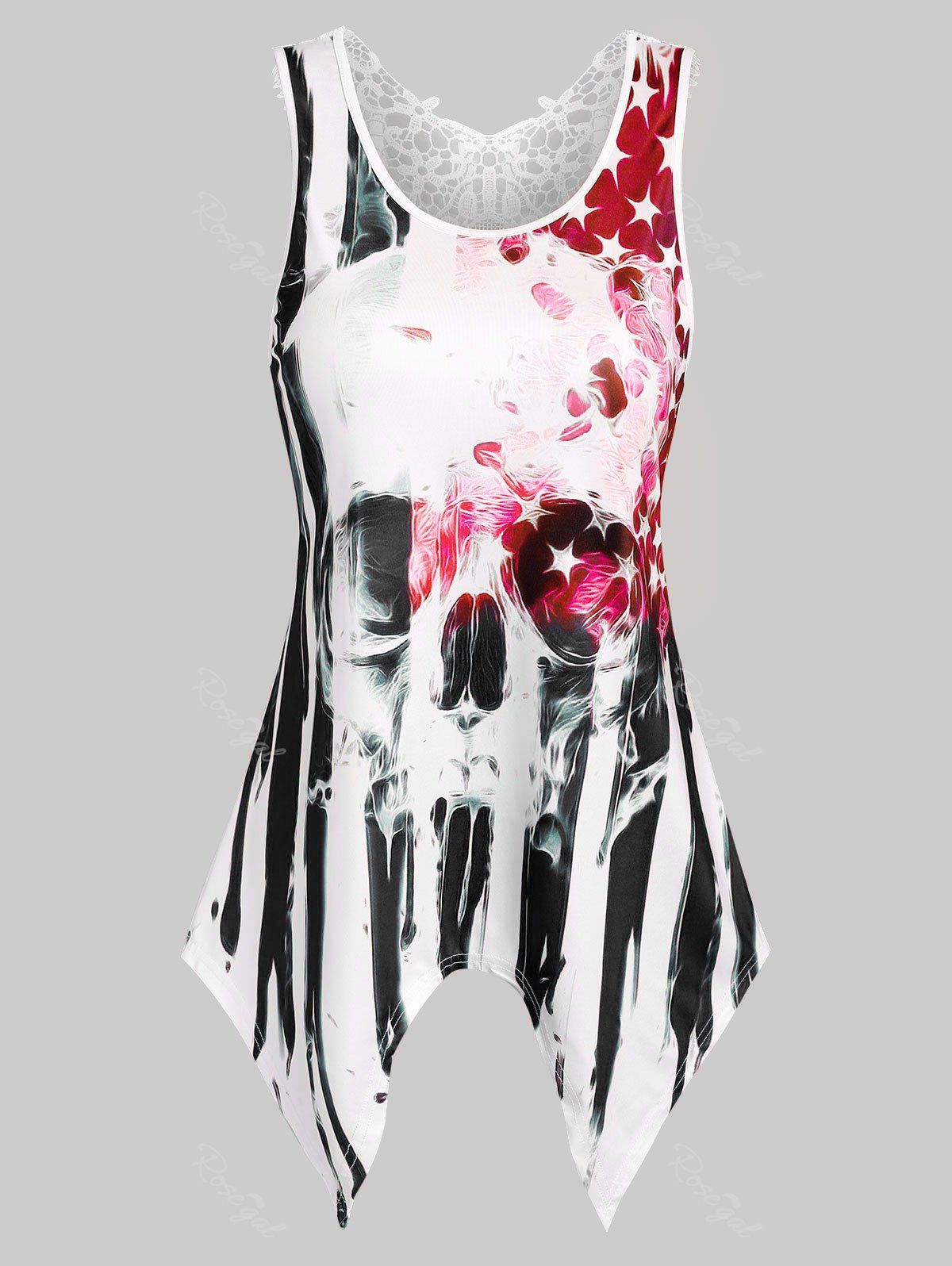 Chic American Flag Skull Print Lace Insert Handkerchief Tank Top  