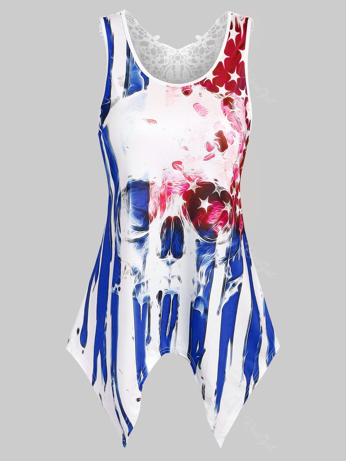 Sale American Flag Skull Print Lace Insert Handkerchief Tank Top  