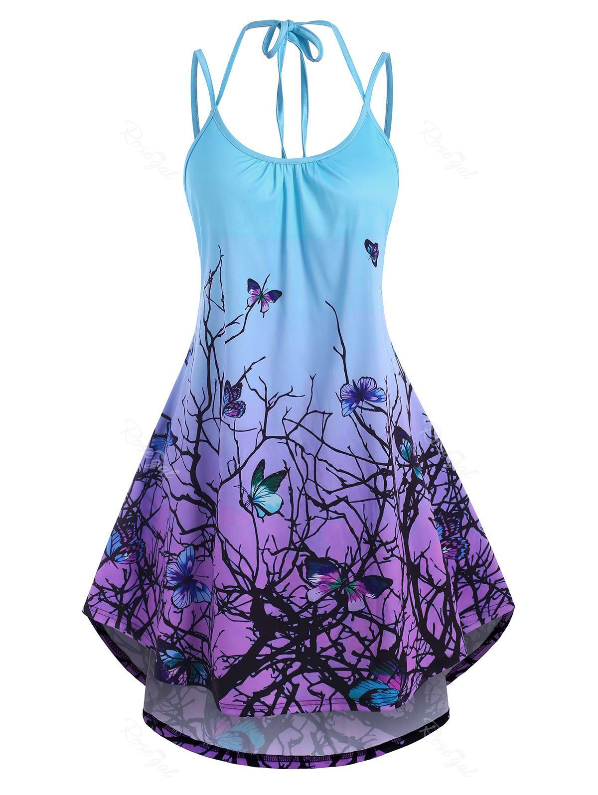 Best Ombre Bohemian Flower Butterfly Print Dip Hem Dress  