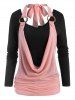 Two Tone Cowl Front O Ring Ruched T Shirt -  