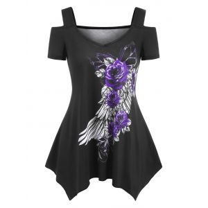 

Flower Feather Print Open Shoulder Handkerchief T Shirt, Purple
