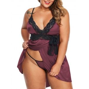 

Scalloped Lace Panel Satin Bowknot Plus Size T-Back Babydoll, Concord