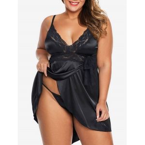 

Scalloped Lace Panel Satin Bowknot Plus Size T-Back Babydoll, Black