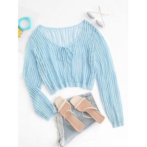 

Plus Size Openwork Tie Front Cardigan, Light blue