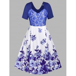 

Plus Size Lace Panel Floral Print Midi Dress, Blue