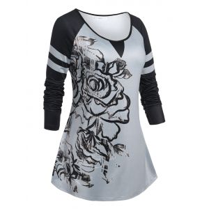 

Plus Size Floral Asymmetrical Raglan Sleeve T Shirt, Light gray