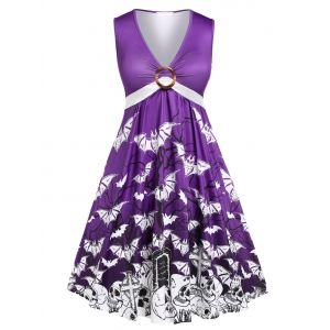 

Plus Size Halloween Plunge Bat Skull Print Dress, Purple