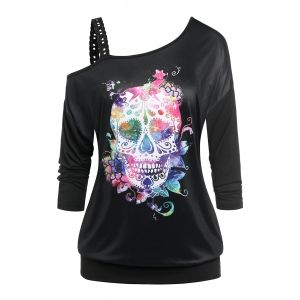 

Plus Size Halloween Skull Print Cold Shoulder T-shirt, Black