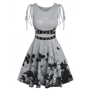 

Lace Up Shoulder Branch Birds Print Dress, Gray