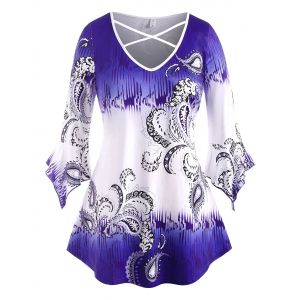 

Flare Sleeve Paisley Criss Cross Plus Size Top, Blue