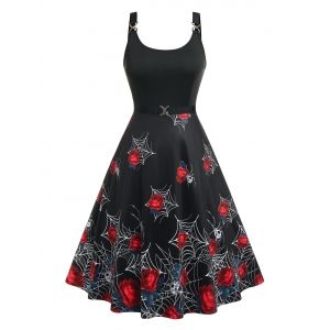 

Plus Size Halloween Rose Spider Web Print Dress, Black