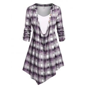 

Plus Size Roll Up Sleeve Cowl Front Plaid Tee, Light purple