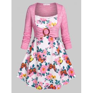 

Plus Size Floral Print Faux Twinset T-shirt, Light pink