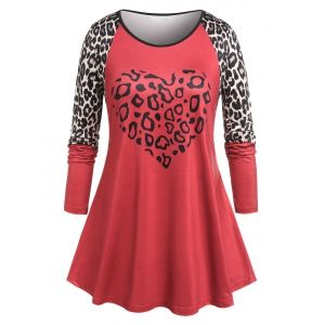 

Plus Size Raglan Sleeve Leopard Print Heart Pattern Tee, Red