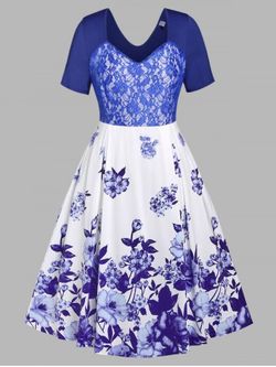 Plus Size Lace Panel Floral Print Midi Dress - BLUE - L