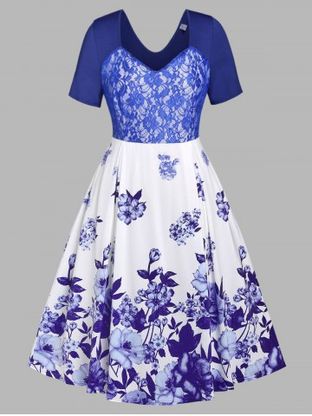 Plus Size Lace Panel Floral Print Midi Dress