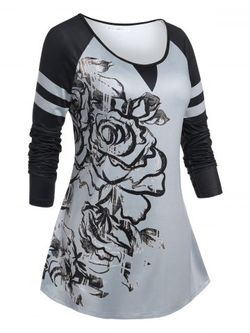 Plus Size Floral Asymmetrical Raglan Sleeve T Shirt - LIGHT GRAY - L