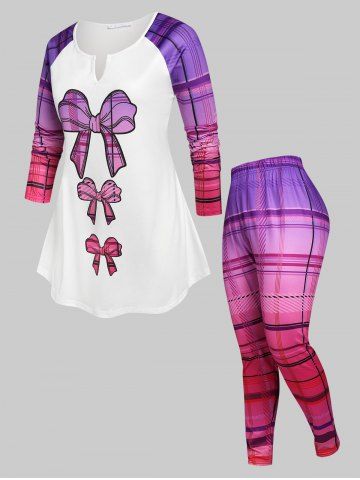 Plus Size Raglan Sleeve Bowknot Print Plaid Pajamas Set - MULTI - 2X