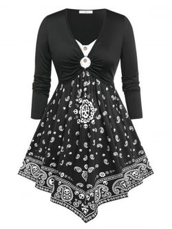 Plus Size O Ring Paisley Print Irregular Dress - BLACK - 3X