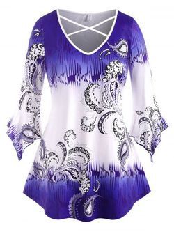 Flare Sleeve Paisley Criss Cross Plus Size Top - BLUE - 2X