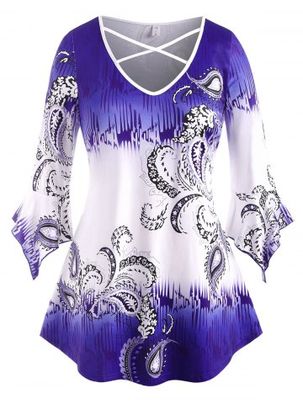 Flare Sleeve Paisley Criss Cross Plus Size Top