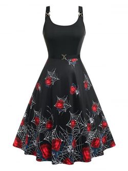 Plus Size Gothic Rose Spider Web Print Dress - BLACK - 4X