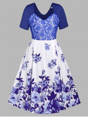 Plus Size Lace Panel Floral Print Midi Dress - BLUE - L
