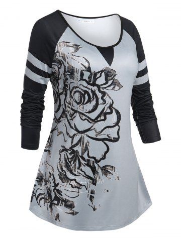 Plus Size Floral Asymmetrical Raglan Sleeve T Shirt - LIGHT GRAY - 4X