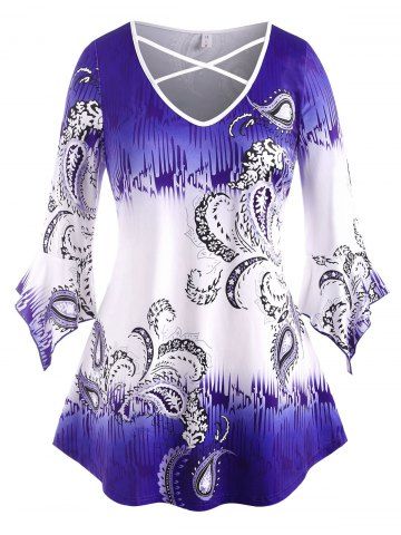 Flare Sleeve Paisley Criss Cross Plus Size Top - BLUE - 4X
