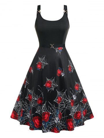 Plus Size Gothic Rose Spider Web Print Dress - BLACK - 3X
