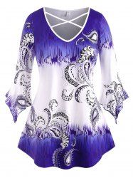 Flare Sleeve Paisley Criss Cross Plus Size Top -  
