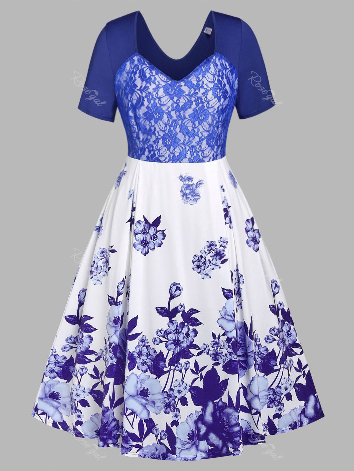 Outfit Plus Size Lace Panel Floral Print Midi Dress  