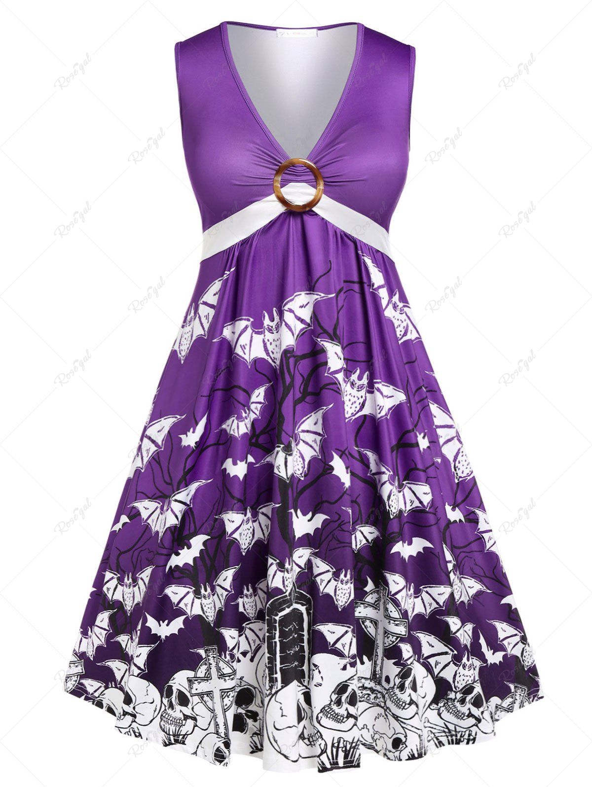 Affordable Plus Size Halloween Plunge Bat Skull Print Gothic Dress  