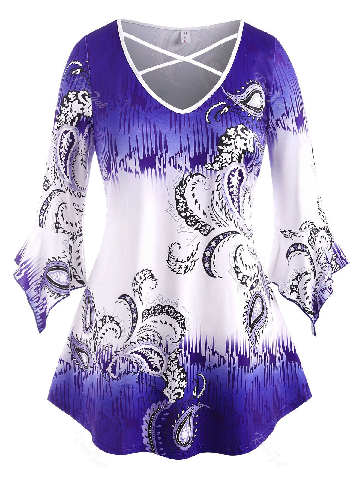 Cheap Flare Sleeve Paisley Criss Cross Plus Size Top  