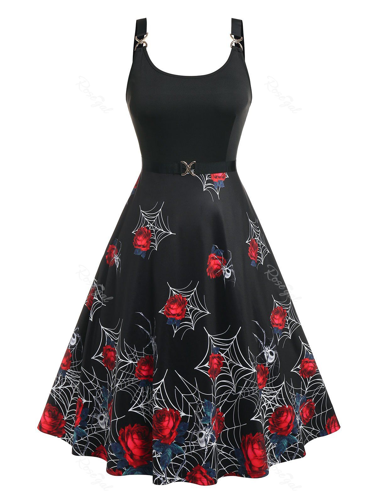 Hot Plus Size Gothic Rose Spider Web Print Dress  