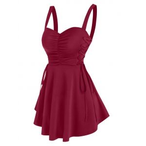 

Ruched Side Lace Up Flare Tank Top, Deep red