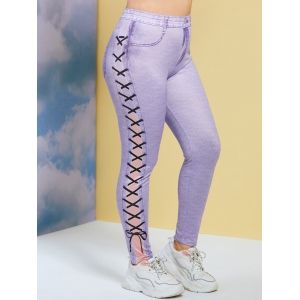 

Plus Size 3D Side Lace-Up Denim Print Leggings, Light purple