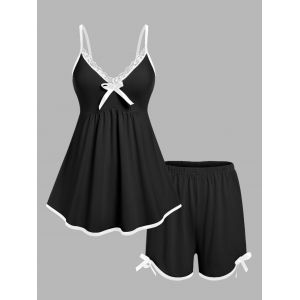 

Plus Size Lace Trim Binding Bowknot PJ Two Piece Short Set, Black