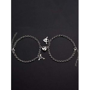 

A Pair Heart Magnet Lock And Key Couple Bracelet, Silver