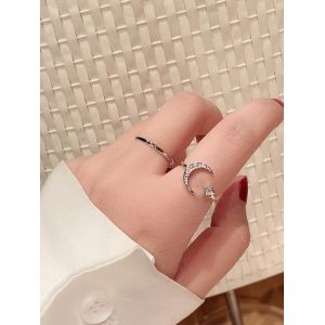 

2Pcs Moon Star Rhinestone Cuff Ring, Silver