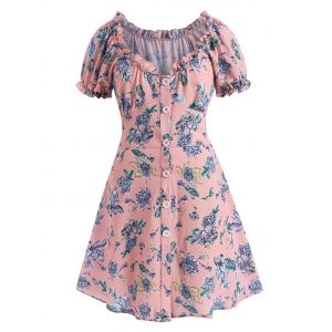 

Plus Size Floral Frilled Button Down Puff Sleeve Textured Dress, Light pink