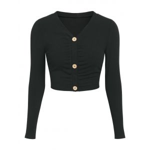 

Button Up Ruched Cropped Cardigan, Black