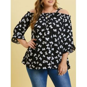 

Bowknot Print Cold Shoulder Plus Size Blouse, Black