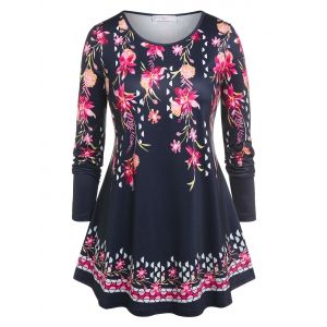 

Plus Size Floral Print T-shirt, Deep blue