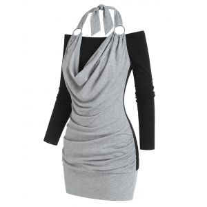 

Halter Cowl Front O Ring Colorblock Mini Dress, Gray